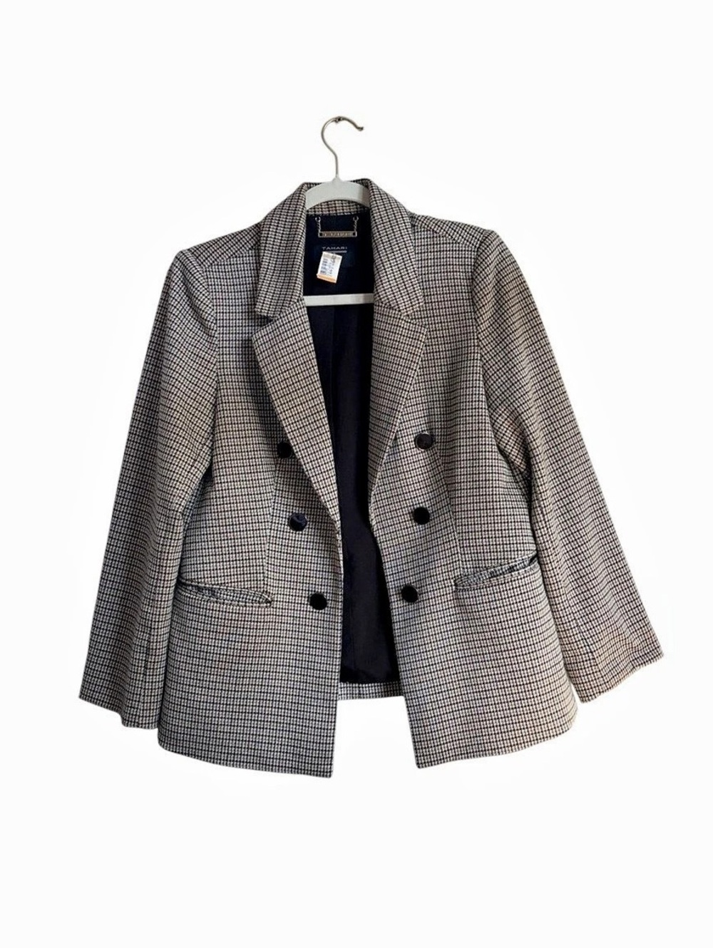 Women's Houndstooth Plaid Double-Breasted Blazer in Gray, Black, Brown